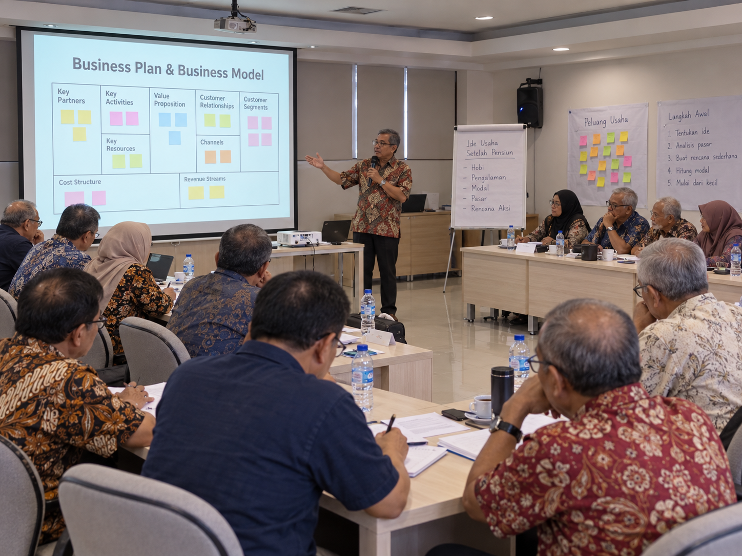 Ilustrasi peserta Indonesia usia 55 tahun ke atas menyimak pembicara tentang business plan dan business model dalam pelatihan indoor dengan meja berbentuk U